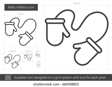 Baby mittens ícone de linha vetorial isolado no fundo branco. Ícone de linha de luvas de bebê para infográfico, site ou aplicativo. Ícone escalável projetado em um sistema de grade.