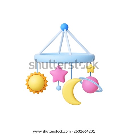Baby mobile 3d icon. Isolated colorful newborn entertaining toy for bed with moon stars and planet. Realistic plastic carousel, bedroom accessory vector design
