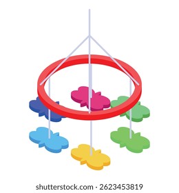 Baby mobile with colorful butterflies is spinning over the bed and attracting the attention of the newborn