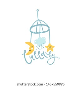 Baby Mobile, Cute Illustration For Logo. Lullaby Hand Lettering. Isolated Vector Element.