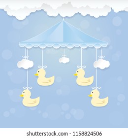 Baby mobile with duckling toy and cloud on blue. Happy Birthday card. Shower card paper art style illustration