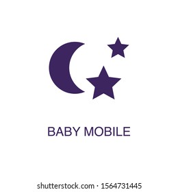 Baby mobile element in flat simple style on white background. Baby mobile icon, with text name concept template