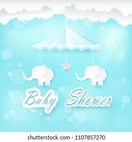 Baby mobile with elephant, star and cloud on blue. Happy Birthday card. Shower card paper art style illustration