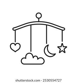 Baby Mobile with Heart, Moon, Stars Line Icon. Nursery Sleep Aid Outline Symbol. Infant Crib Mobile. Nursery Decoration for Bedtime, Hanging Decorations. Editable Stroke. Isolated Vector Illustration.