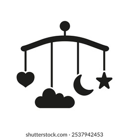 Bebé móvil con el corazón, la luna, las estrellas icono de la silueta. Símbolo de glifo de ayuda para el sueño de la guardería. Móvil de cuna infantil. Decoración de vivero para la hora de dormir, colgando decoraciones. Ilustración vectorial aislada.