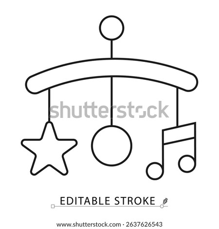 Baby mobile icon in minimal black outline style with hanging star, ball and music note on white background. Editable stroke vector for infant toy, nursery, sleep aid or baby concept. Baby mobile icon