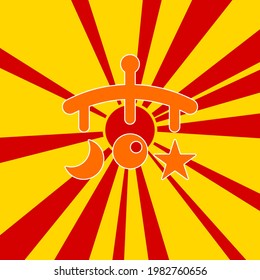 Baby mobile on a background of red flash explosion radial lines. The large orange symbol is located in the center of the sun, symbolizing the sunrise. Vector illustration on yellow background