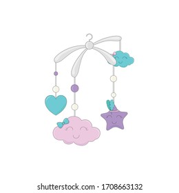 Baby mobile with star, heart and clouds. Hand drawn isolated vector illustration. Vector hanging baby toy.
