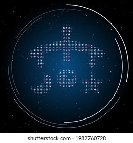 The baby mobile symbol filled with white dots. Pointillism style. Some dots is pink. Vector illustration on blue background with stars