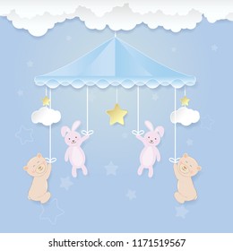 Baby Mobile With Teddy Bear, Rabbit Toy And Cloud On Blue. Happy Birthday Card. Shower Card Paper Art Style Illustration