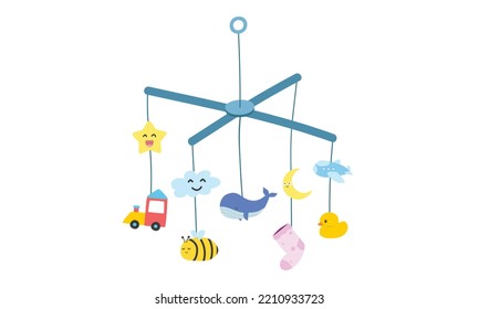 Baby mobile toy clipart  Simple crib mobile hanging toy for baby flat vector illustration isolated  Baby mobile and cute star  cloud  moon  whale  rubber duck  bee  sock  airplane toy cartoon style