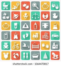 Baby modern icon set. White symbols on colored square buttons. Children's toys, food, clothes. Newborn, kids, feeding and care themes. Vector flat collection with long shadows on colorful background.