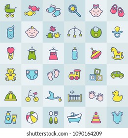 Baby modern web icon set. Colorful symbols on square buttons. Children's toys, food, clothes. Newborn and kids, feeding and care themes. Colored line elements over tile background. Vector collection.