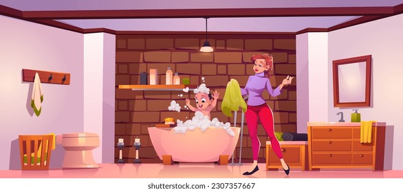 Baby and mom in bathroom wash hair with shampoo vector illustration. Kid character in bath with soap bubble and foam. Young mother waiting happy toddler son with towel near brick wall and mirror.