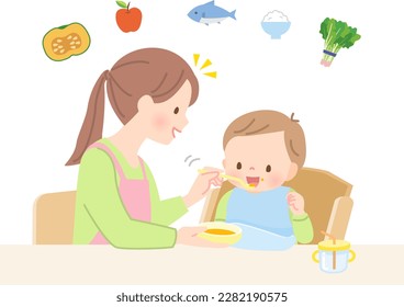 Baby and mom eating baby food