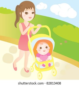 baby and mom go for a walk