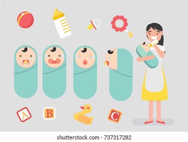 Baby and Mom/ Nanny/ Baby Sitter Vector Character