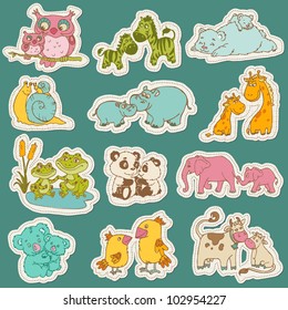 Baby and Mommy Animal Set on paper tags - for design and scrapbook - in vector