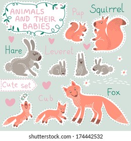 Baby And Mommy Animal Set On Paper Tags - For Design And Scrapbook. Vector Illustration.