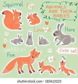 Baby and Mommy Animal Set on paper tags - for design and scrapbook. Vector illustration.