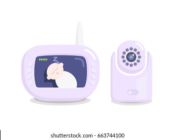 Baby monitor and camera vector isolated illustration. Electronic nanny in light purple color. Screen with a baby on it