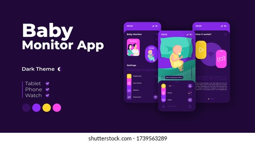 Baby monitor cartoon smartphone interface vector templates set. Mobile app screen page night mode design. Watching over sleeping infant. UI for application. Phone display with flat character