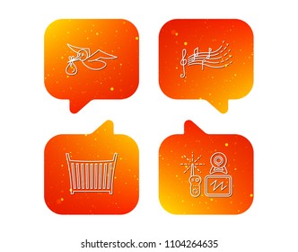 Baby monitor  crib bed   songs for kids icons  Stork   sack linear sign  Orange Speech bubbles and icons set  Soft color gradient chat symbols  Vector