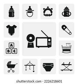 Baby monitor flat web icon. Security camera monitor silhouette black icon vector. Baby care icons