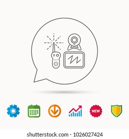 Baby monitor icon. Video nanny for newborn sign. Radio set with camera and tv symbol. Calendar, Graph chart and Cogwheel signs. Download and Shield web icons. Vector