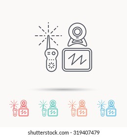 Baby monitor icon. Video nanny for newborn sign. Radio set with camera and tv symbol. Linear icons on white background. Vector