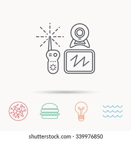 Baby monitor icon. Video nanny for newborn sign. Radio set with camera and tv symbol. Global connect network, ocean wave and burger icons. Lightbulb lamp symbol.