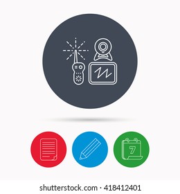 Baby monitor icon. Video nanny for newborn sign. Radio set with camera and tv symbol. Calendar, pencil or edit and document file signs. Vector