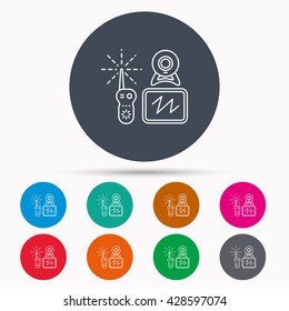 Baby monitor icon. Video nanny for newborn sign. Radio set with camera and tv symbol. Icons in colour circle buttons. Vector