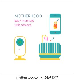 Baby Monitor Icon. Video Nanny For Newborn Sign. Radio Set With Camera And 
Phone Symbol. Flat Icons On White Background. Vector