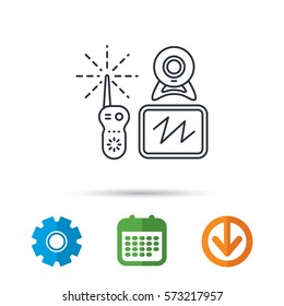 Baby monitor icon. Video nanny for newborn sign. Radio set with camera and tv symbol. Calendar, cogwheel and download arrow signs. Colored flat web icons. Vector
