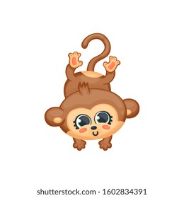 Baby monkey or chimp cartoon character jumping, kawaii style vector illustration i isolated on white background. Zoo funny jungle animal for cards and t-shirt prints.