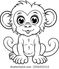 Baby Monkey Coloring Page Line Art Illustration