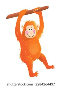 Baby monkey orangutang hanging on branch illustration for kids. Playful orangutan for kids projects and designs. Monkey in jungle, animal character for children. isolated vector clipart.