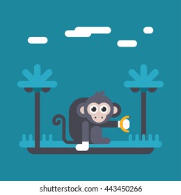 Baby monkey sitting on the floor and ticking out a tongue. Blue and red colors. Colored flat vector illustration isolated on white background.