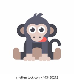 Baby monkey sitting on the floor and ticking out a tongue. Blue and red colors. Colored flat vector illustration isolated on white background.