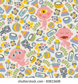 Baby monsters seamless background. Vector texture.