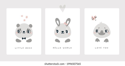 Baby month anniversary card. Baby milestone cards with cute animals characters. Baby shower print capturing all the special moments. Nursery prints for newborn girl or boy. Bunny, panda, platypus