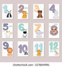 Baby month anniversary card with numbers and animals