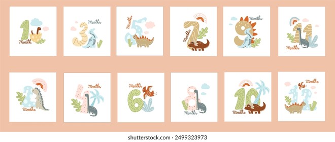 Colección de aniversario del mes del bebé para un recién nacido. Bebé hito conjunto de tarjetas para recién nacidos con un lindo dinosaurio y arco iris. Elemento de estampado Babyshower en tonos pastel suaves