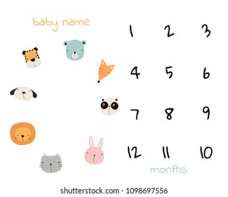 Baby month blanket with numbers and cute animals. Vector hand drawn illustration.