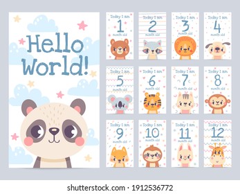 Baby Month Cards With Animals. Monthly Milestone Stickers For Newborn Scrapbook. Kids Age Tags With Sloth, Lion, Giraffe And Fox Vector Set. Celebrating Child Growth With Adorable Characters