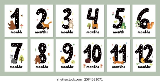 Baby monthly milestone cards set with cute forest animals. First year or baby shower prints collection with adorable woodland characters. 1-12 months stickers. Vector illustration