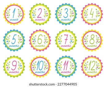 Baby monthly milestone stickers. Baby shower design elements. Vector illustration.