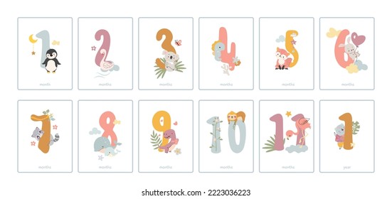 Baby monthly numbers cards. Newborn months postcards, babies milestone decor. Number from 1 to 11 with cute animals, nowaday vector celebration banners