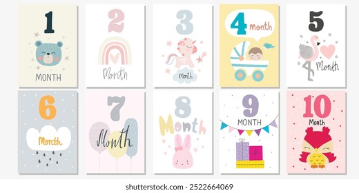 Tarjetas de números mensuales para bebés. Postales de meses de recién nacidos, decoración de hitos para bebés. 